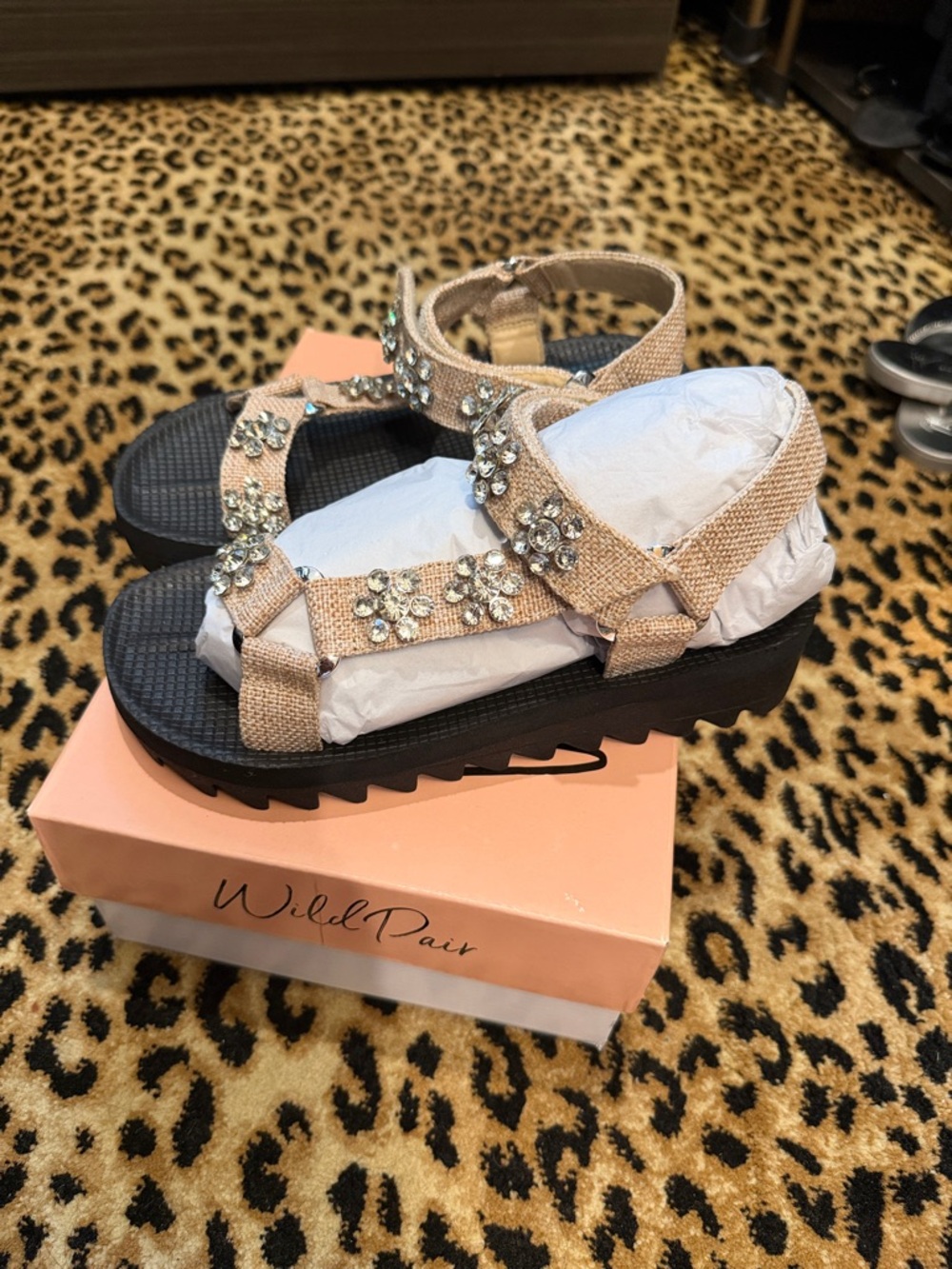 Wild Pair Tan Jeweled Platform Sandals for Women